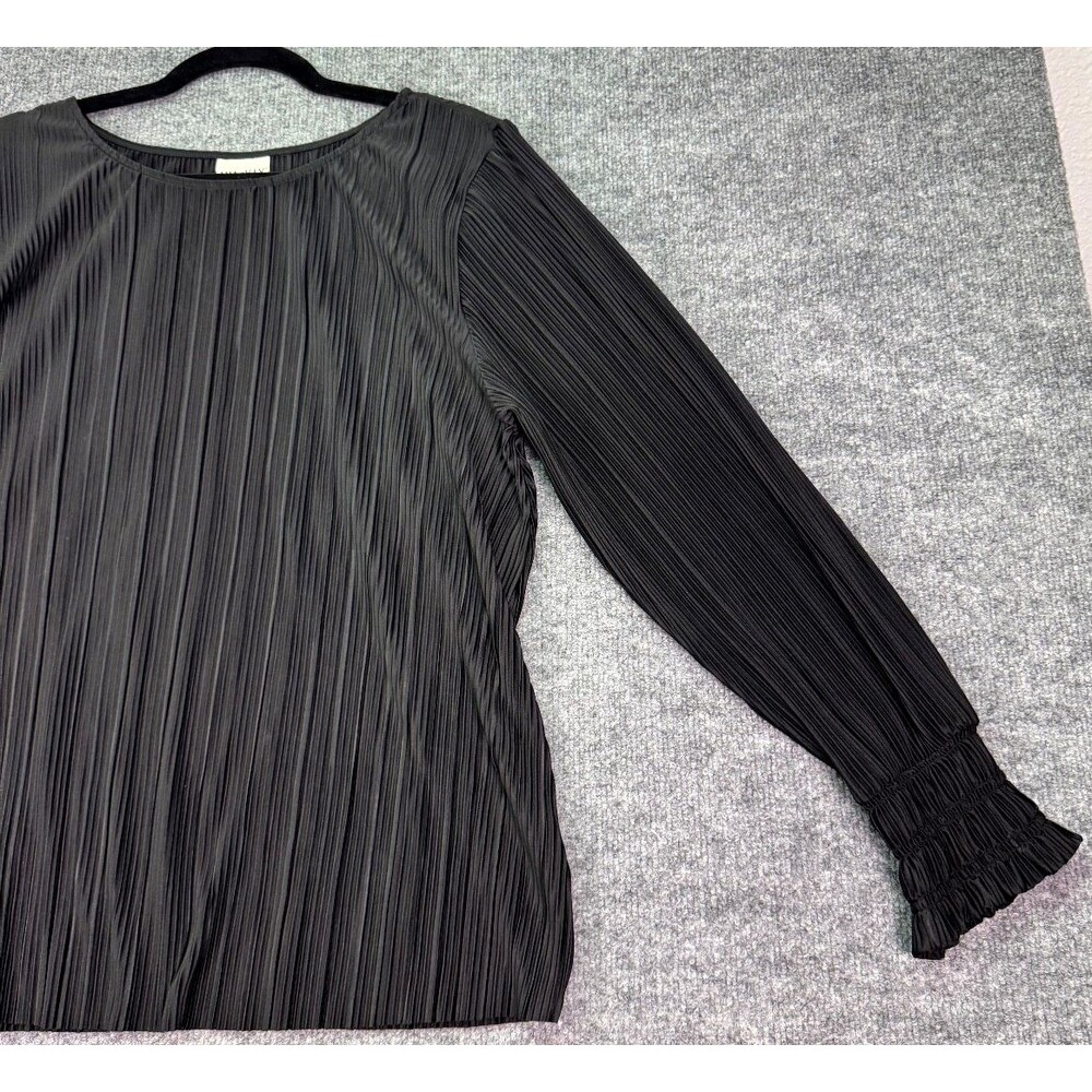 Ava & Viv 1X Black Pleated Blouse Long Sleeve Ruffle Cuff Holiday Party Top - Picture 3 of 13